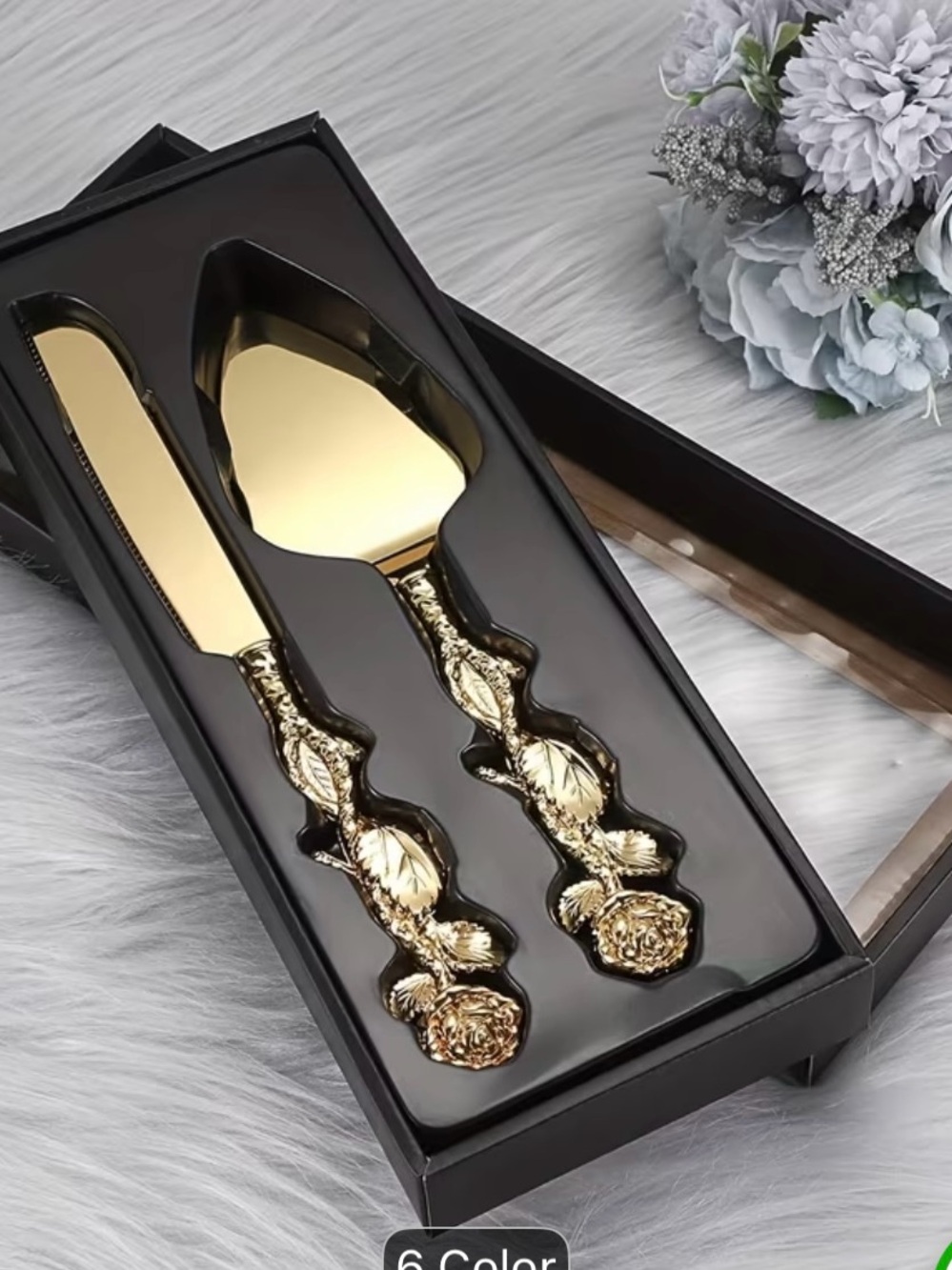 Elegant Silver Rose Cake Server and Knife Set